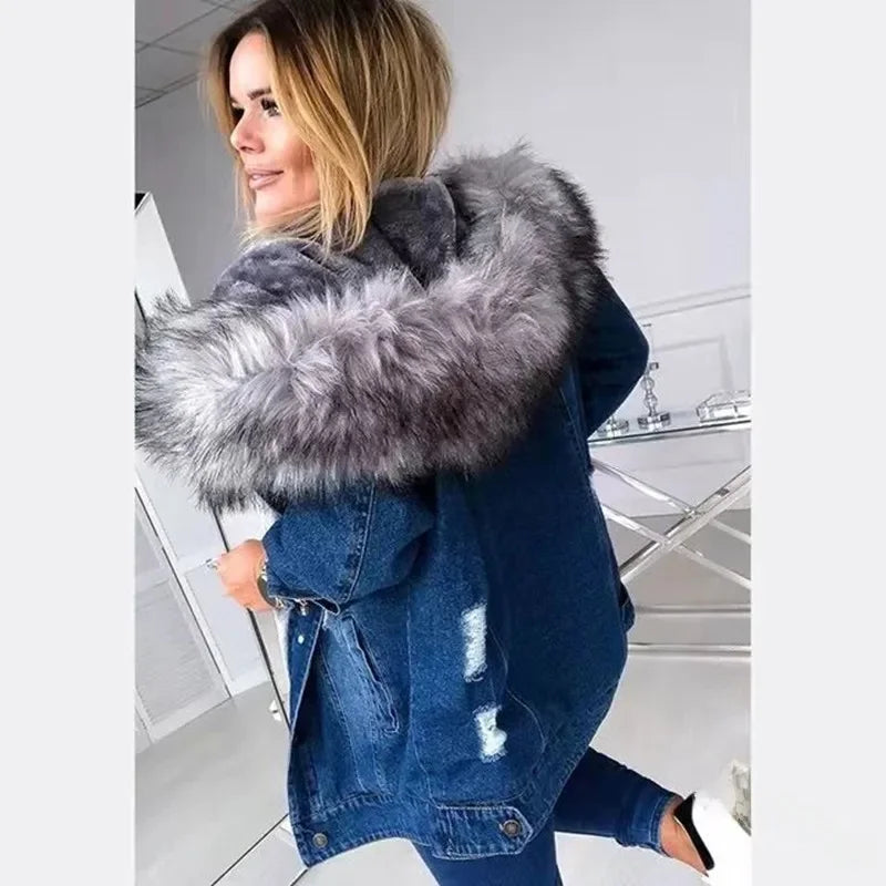 Thickened Fleece Lined Denim Jacket Women's Coat Stylish Collar Cotton Material Regular Type from Mainland China