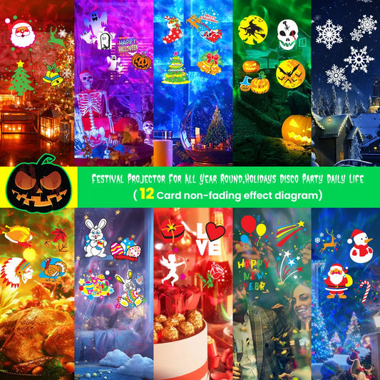 2 in 1 Halloween Christmas Projector Lights Outdoor 12 HD Slides & Water Wave Lamp with Color Patterns, Timer & Remote for Party