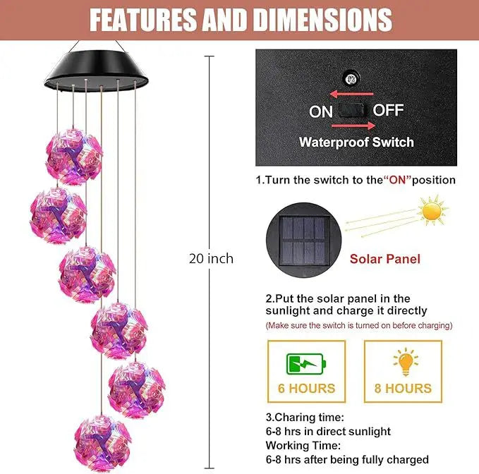 Solar Powered Color Changing Pink Embroidered Ball Flower Wind Chime Light Waterproof Outdoor Night Light Hanging Solar Lamp