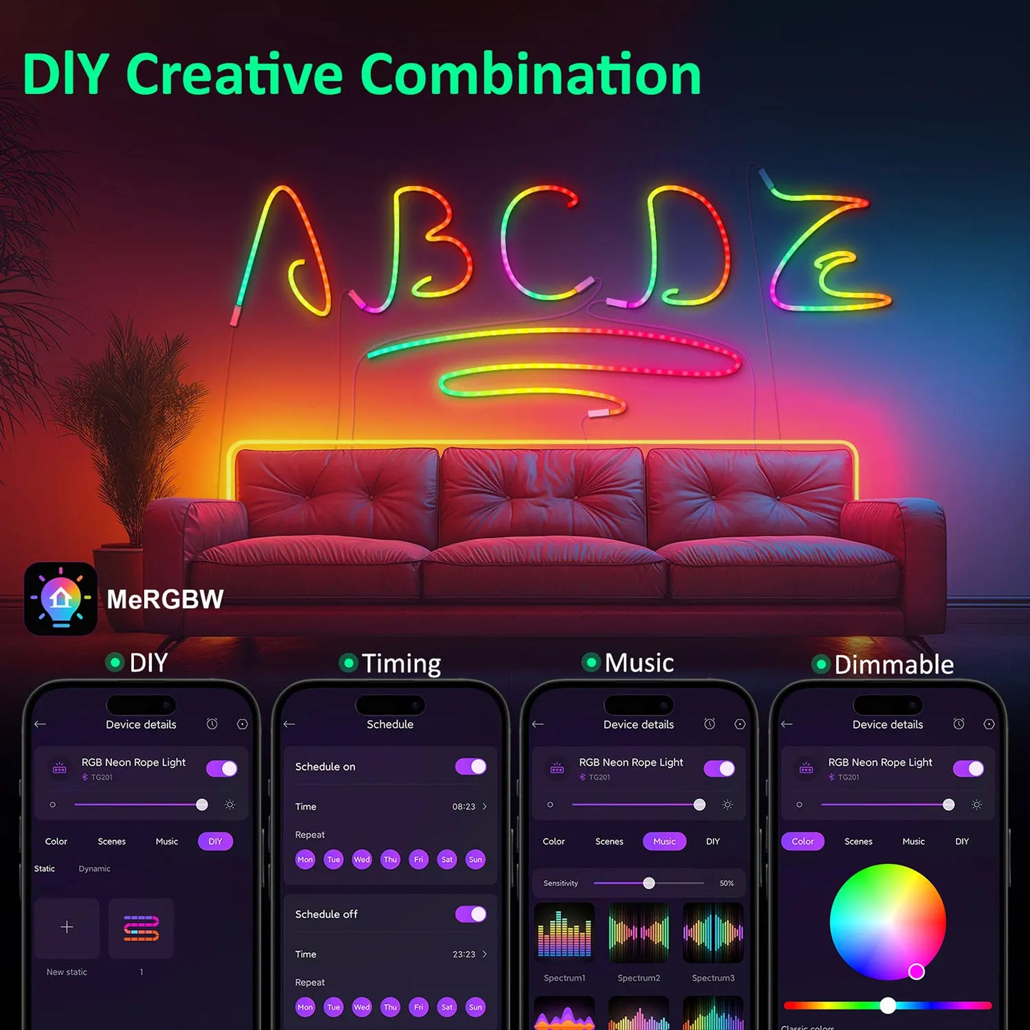 5V USB Neon LED Strip Light 1m 2m 3m Silicone Neon Rope Light DYI Music Sync APP MeRGBW Dreamcolor Chasing Strip Tape Room Decor