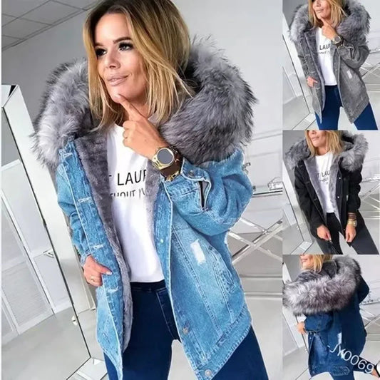 Thickened Fleece Lined Denim Jacket Women's Coat Stylish Collar Cotton Material Regular Type from Mainland China