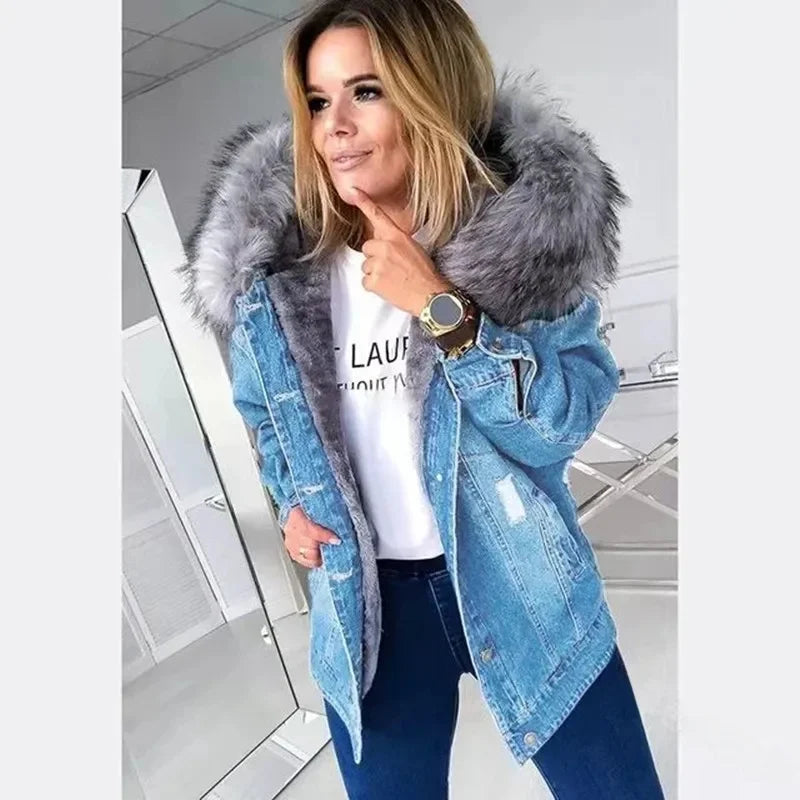 Thickened Fleece Lined Denim Jacket Women's Coat Stylish Collar Cotton Material Regular Type from Mainland China