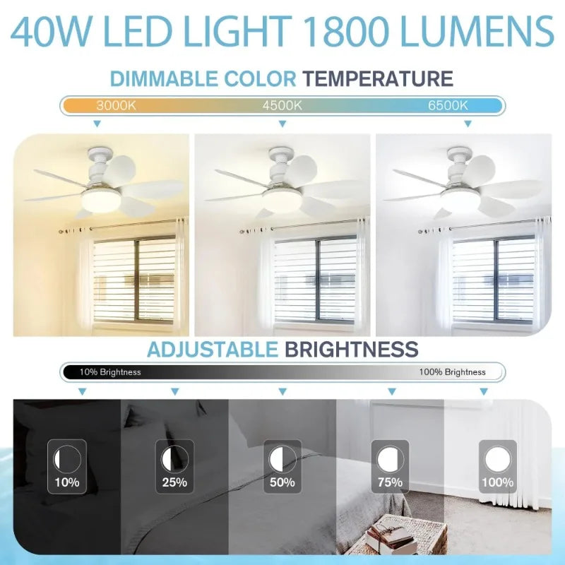 Ceiling Fan Light Screw in Small Ceiling Fan with Remote 3 Wind Speed Dimmable LED 3000-6500K 6 White Blades 20.5 Inch