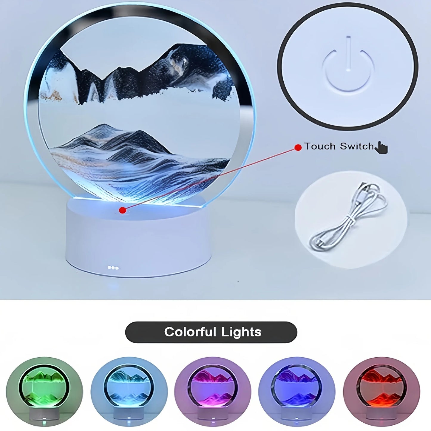 Dreamy Quicksand Painting RGB Art Table Lamp,3D Dynamic Deep Sea Sandscape,Round Glass,Dimmable Night Light,Office,Living Room