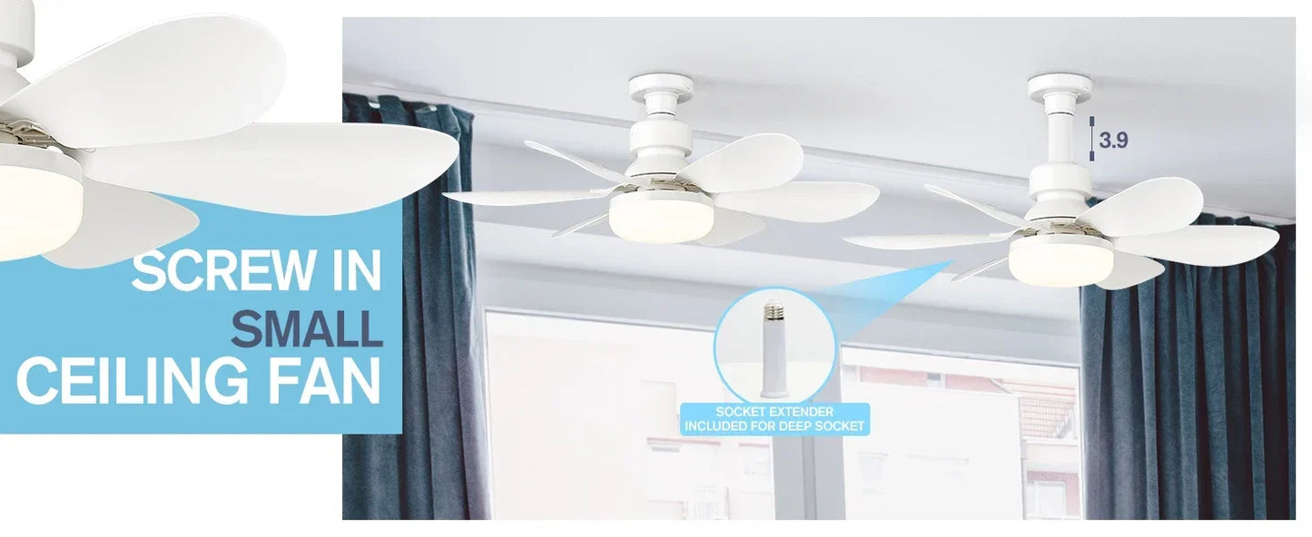 Ceiling Fan Light Screw in Small Ceiling Fan with Remote 3 Wind Speed Dimmable LED 3000-6500K 6 White Blades 20.5 Inch