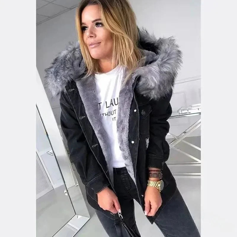 Thickened Fleece Lined Denim Jacket Women's Coat Stylish Collar Cotton Material Regular Type from Mainland China