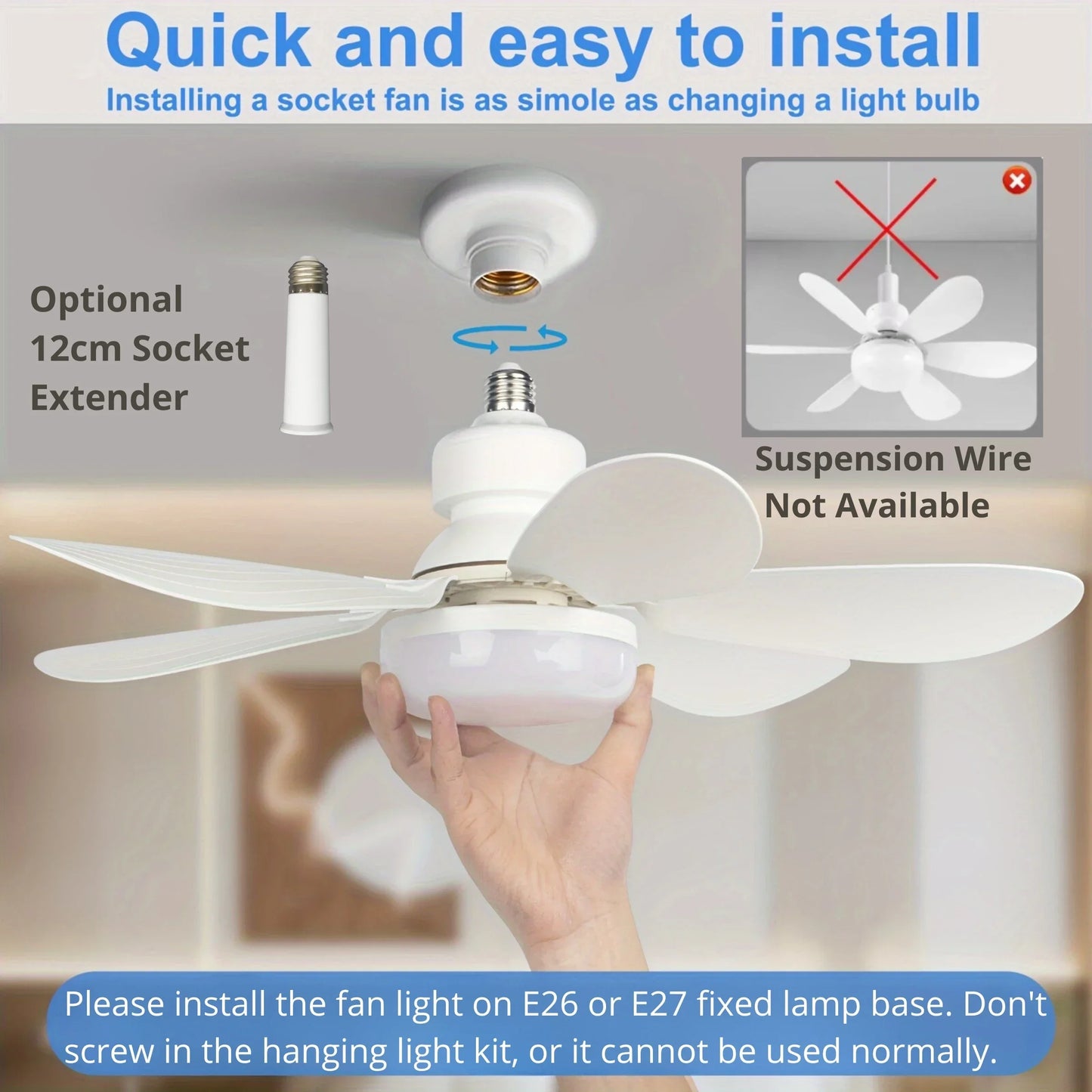 Ceiling Fan Light Screw in Small Ceiling Fan with Remote 3 Wind Speed Dimmable LED 3000-6500K 6 White Blades 20.5 Inch