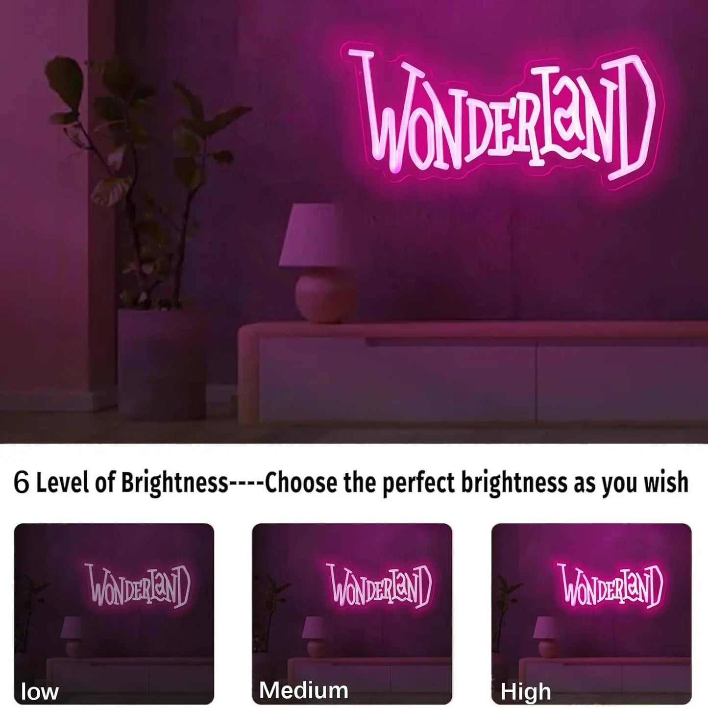 Wonderland Neon Sign USB Dimmable LED Neon Light for Bedroom Theme Hotel Bar Club Cafe Shop Salon Man Cave Decoration Gift