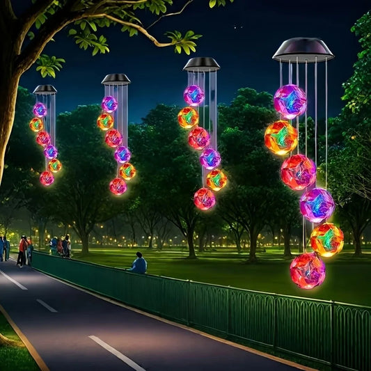 Solar Powered Color Changing Pink Embroidered Ball Flower Wind Chime Light Waterproof Outdoor Night Light Hanging Solar Lamp