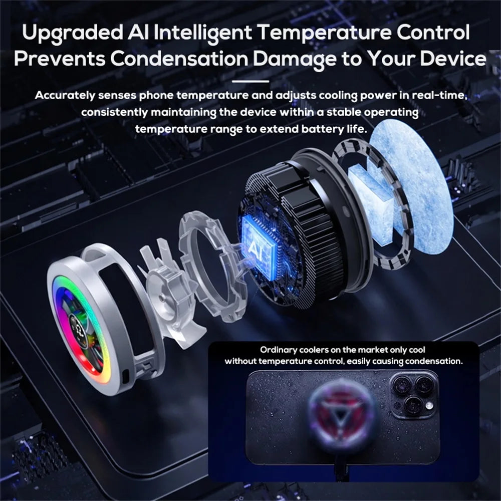 Magnetic phone cooler with intelligent AI temperature control and real-time digital display - a must-have for phone cooling