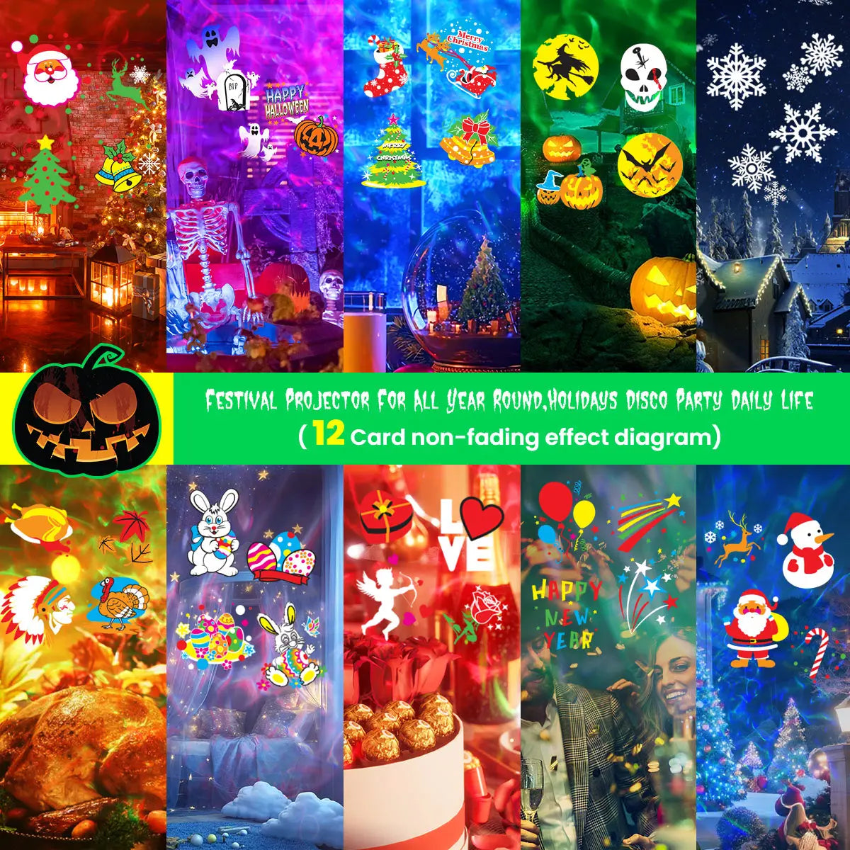 2 in 1 Halloween Christmas Projector Lights Outdoor 12 HD Slides & Water Wave Lamp with Color Patterns, Timer & Remote for Party