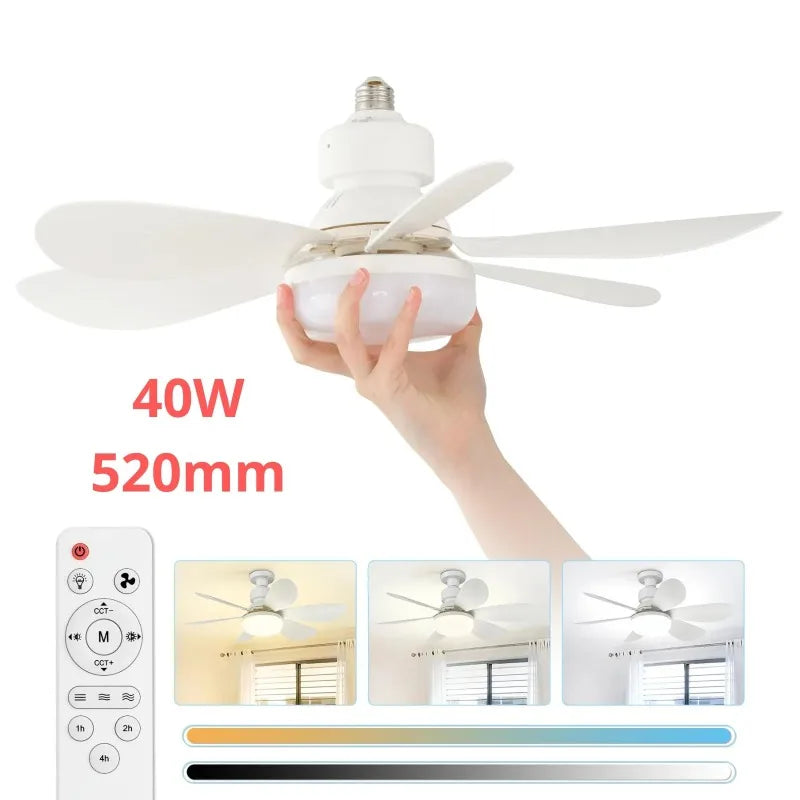 Ceiling Fan Light Screw in Small Ceiling Fan with Remote 3 Wind Speed Dimmable LED 3000-6500K 6 White Blades 20.5 Inch