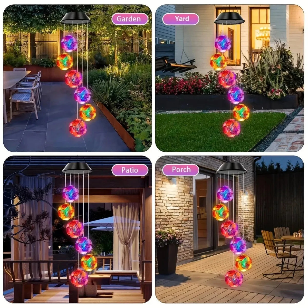 Solar Powered Color Changing Pink Embroidered Ball Flower Wind Chime Light Waterproof Outdoor Night Light Hanging Solar Lamp
