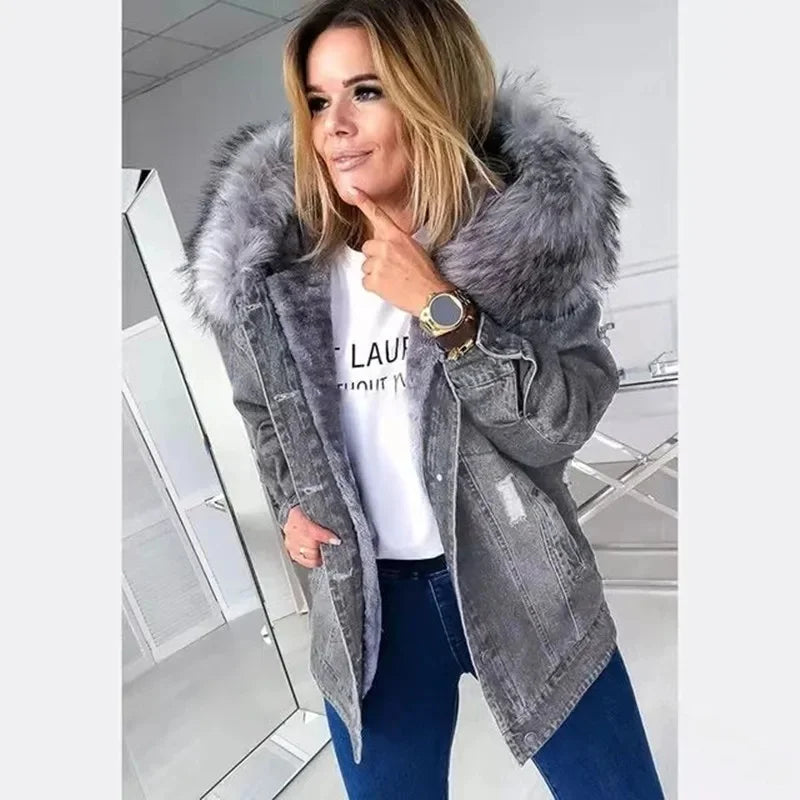 Thickened Fleece Lined Denim Jacket Women's Coat Stylish Collar Cotton Material Regular Type from Mainland China