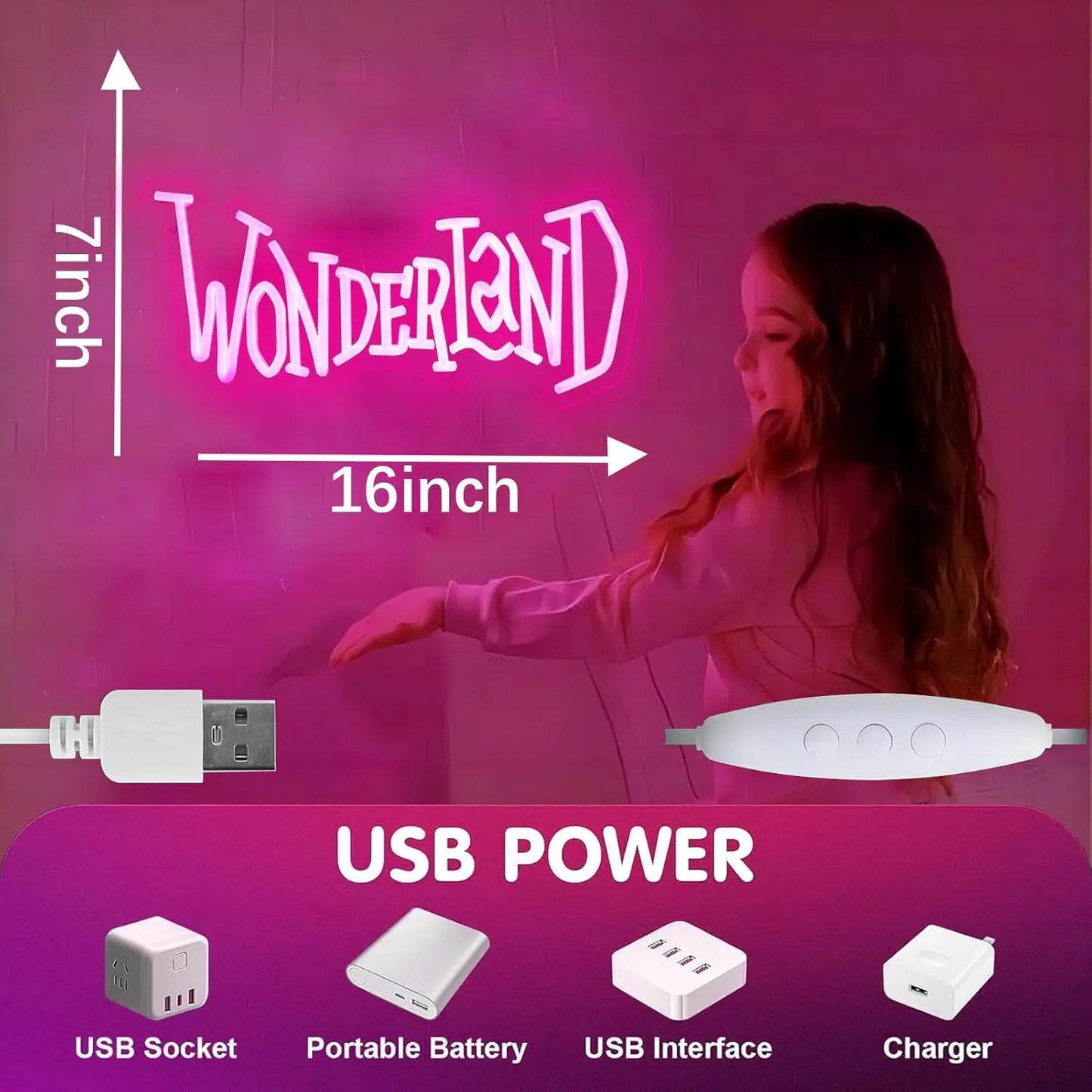 Wonderland Neon Sign USB Dimmable LED Neon Light for Bedroom Theme Hotel Bar Club Cafe Shop Salon Man Cave Decoration Gift