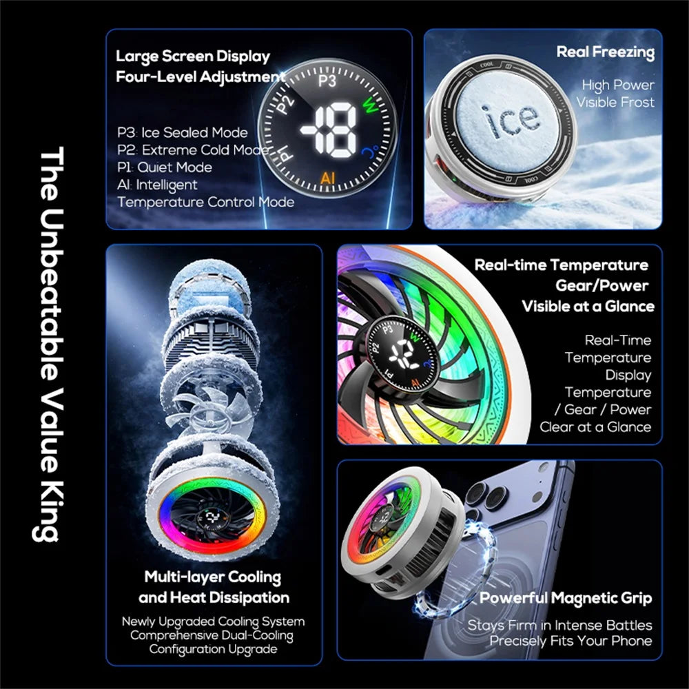 Magnetic phone cooler with intelligent AI temperature control and real-time digital display - a must-have for phone cooling