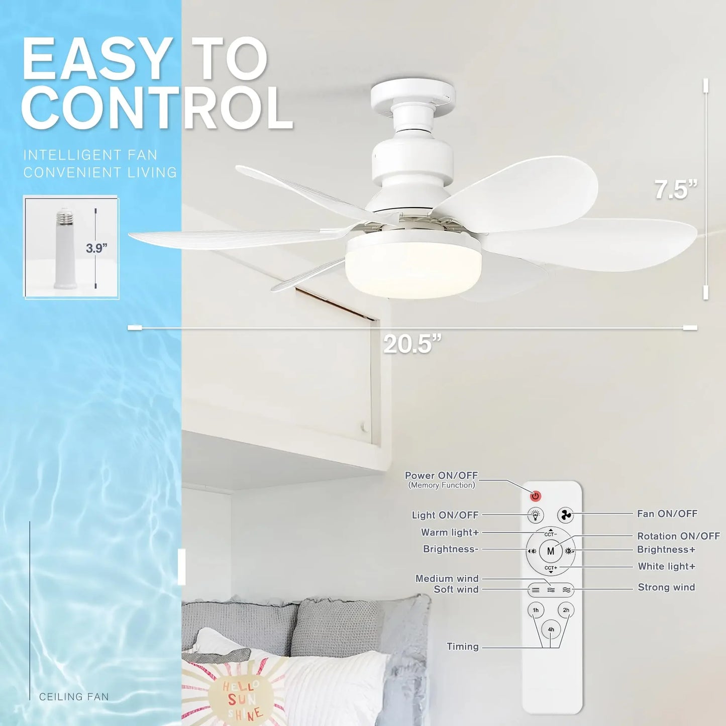 Ceiling Fan Light Screw in Small Ceiling Fan with Remote 3 Wind Speed Dimmable LED 3000-6500K 6 White Blades 20.5 Inch