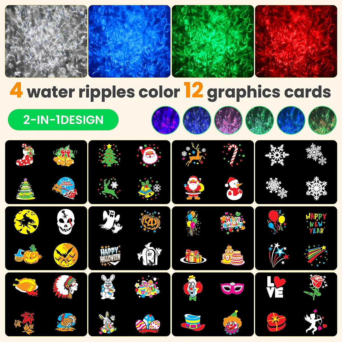 2 in 1 Halloween Christmas Projector Lights Outdoor 12 HD Slides & Water Wave Lamp with Color Patterns, Timer & Remote for Party