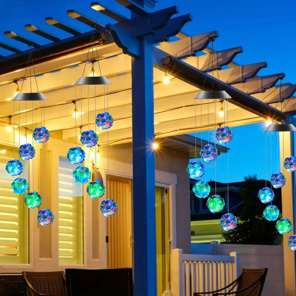Solar Powered Color Changing Pink Embroidered Ball Flower Wind Chime Light Waterproof Outdoor Night Light Hanging Solar Lamp