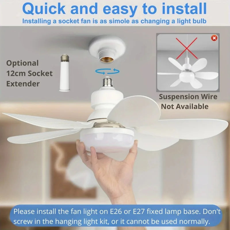 Ceiling Fan Light Screw in Small Ceiling Fan with Remote 3 Wind Speed Dimmable LED 3000-6500K 6 White Blades 20.5 Inch
