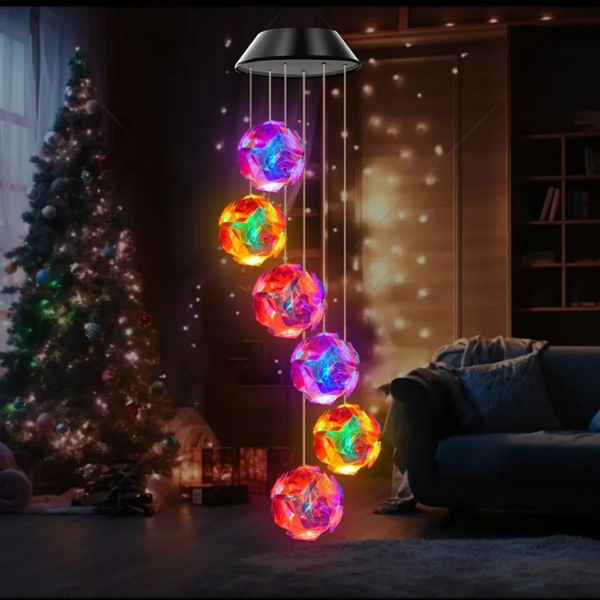Solar Powered Color Changing Pink Embroidered Ball Flower Wind Chime Light Waterproof Outdoor Night Light Hanging Solar Lamp
