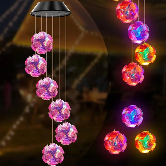 Solar Powered Color Changing Pink Embroidered Ball Flower Wind Chime Light Waterproof Outdoor Night Light Hanging Solar Lamp