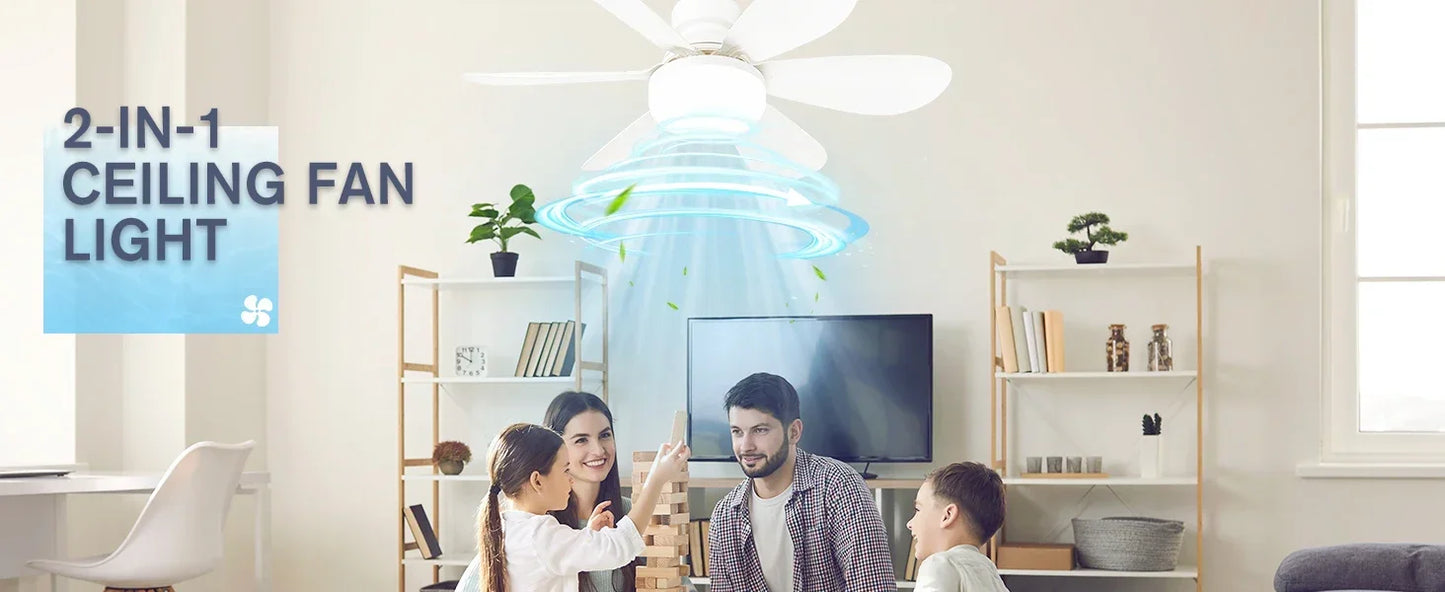 Ceiling Fan Light Screw in Small Ceiling Fan with Remote 3 Wind Speed Dimmable LED 3000-6500K 6 White Blades 20.5 Inch