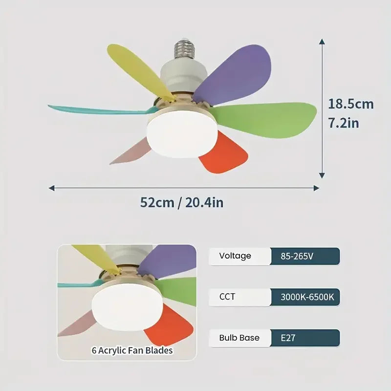 Ceiling Fan Light Screw in Small Ceiling Fan with Remote 3 Wind Speed Dimmable LED 3000-6500K 6 White Blades 20.5 Inch