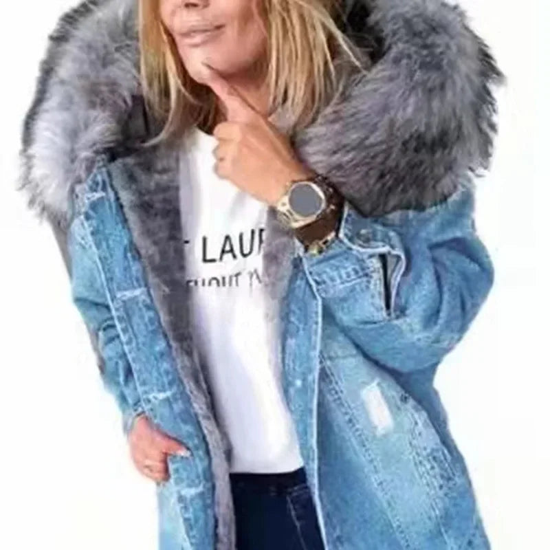 Thickened Fleece Lined Denim Jacket Women's Coat Stylish Collar Cotton Material Regular Type from Mainland China