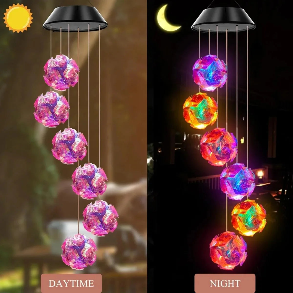 Solar Powered Color Changing Pink Embroidered Ball Flower Wind Chime Light Waterproof Outdoor Night Light Hanging Solar Lamp