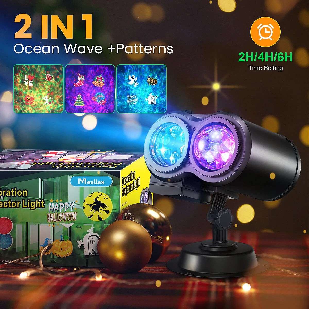 2 in 1 Halloween Christmas Projector Lights Outdoor 12 HD Slides & Water Wave Lamp with Color Patterns, Timer & Remote for Party